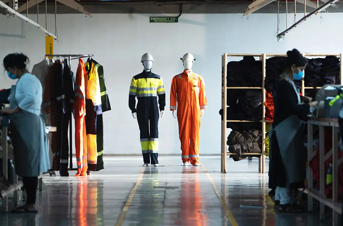 Mannequins showcasing flame-resistant clothing in our workwear factory